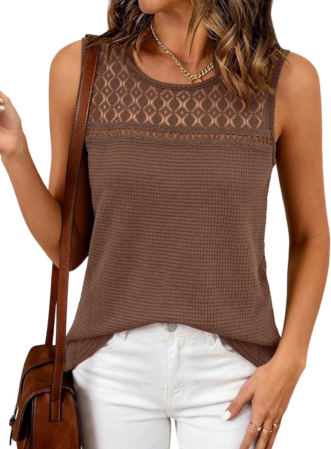 imageBTFBM Tank Top for Women 2026 Sleeveless Shirts Waffle Knit Vest Crew Neck Casual Outfits Loose Blouses Summer TopsCoffee