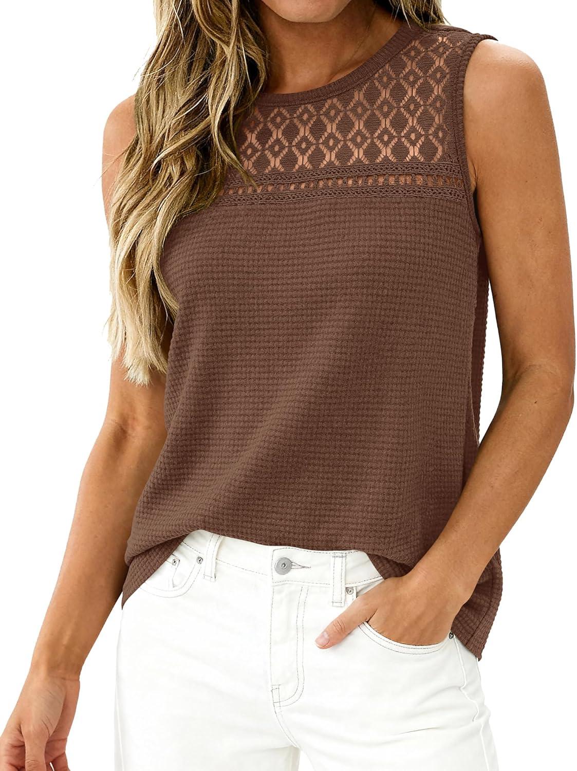 imageBTFBM Tank Top for Women 2026 Sleeveless Shirts Waffle Knit Vest Crew Neck Casual Outfits Loose Blouses Summer TopsCoffee