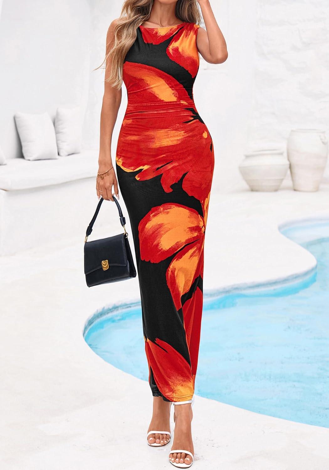 imageBTFBM Women Floral Cocktail Wedding Guest Dress Summer Spring 2026 Twist Strap Bodycon Mesh Beach Vacation Maxi DressesFloral Black Red