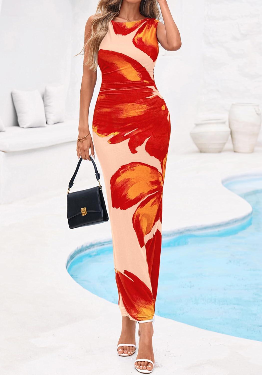 imageBTFBM Women Floral Cocktail Wedding Guest Dress Summer Spring 2026 Twist Strap Bodycon Mesh Beach Vacation Maxi DressesFloral Orange Pink Red