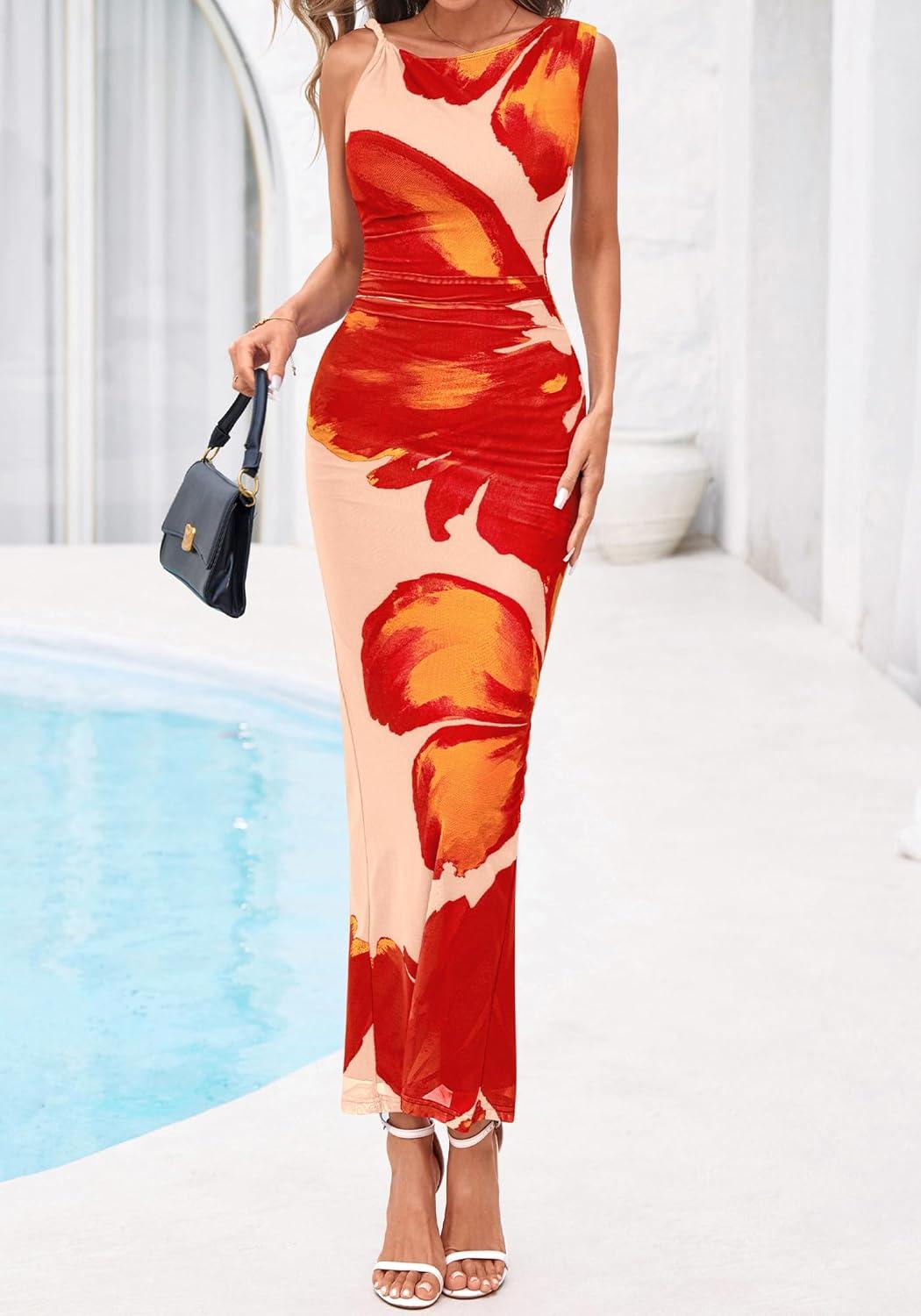 imageBTFBM Women Floral Cocktail Wedding Guest Dress Summer Spring 2026 Twist Strap Bodycon Mesh Beach Vacation Maxi DressesFloral Orange Pink Red
