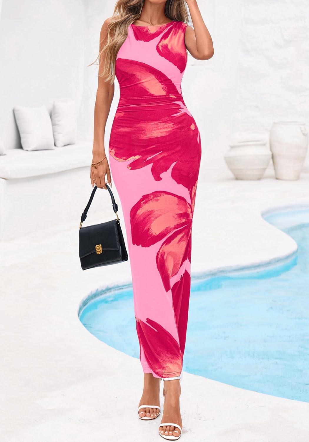 imageBTFBM Women Floral Cocktail Wedding Guest Dress Summer Spring 2026 Twist Strap Bodycon Mesh Beach Vacation Maxi DressesFloral Pink Rose Red