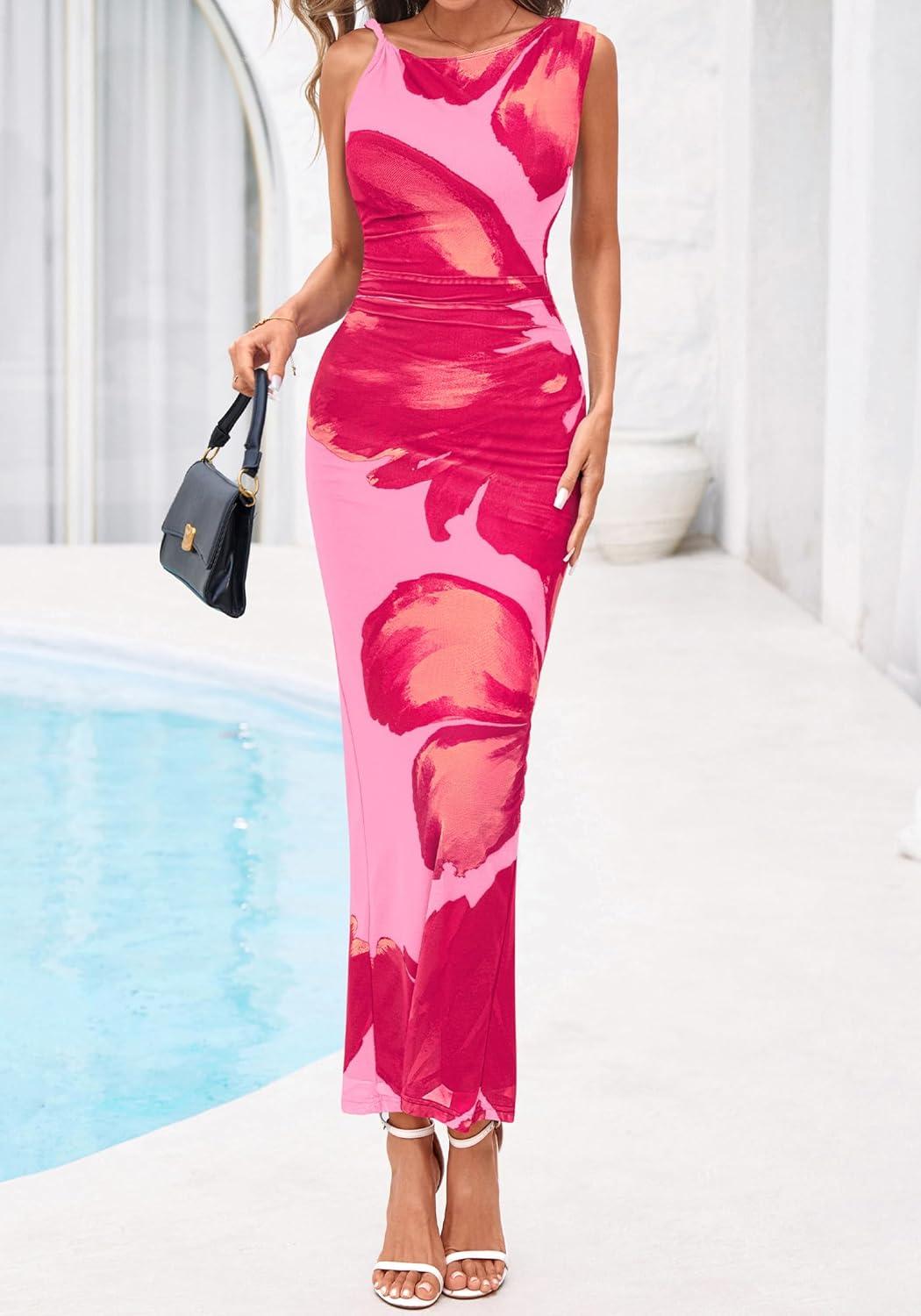 imageBTFBM Women Floral Cocktail Wedding Guest Dress Summer Spring 2026 Twist Strap Bodycon Mesh Beach Vacation Maxi DressesFloral Pink Rose Red