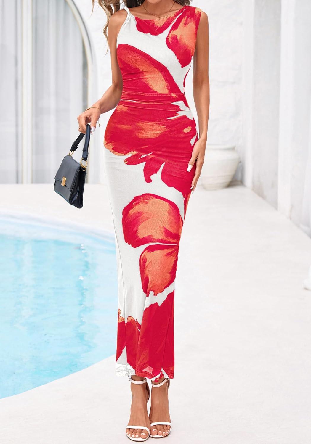 imageBTFBM Women Floral Cocktail Wedding Guest Dress Summer Spring 2026 Twist Strap Bodycon Mesh Beach Vacation Maxi DressesFloral White Red