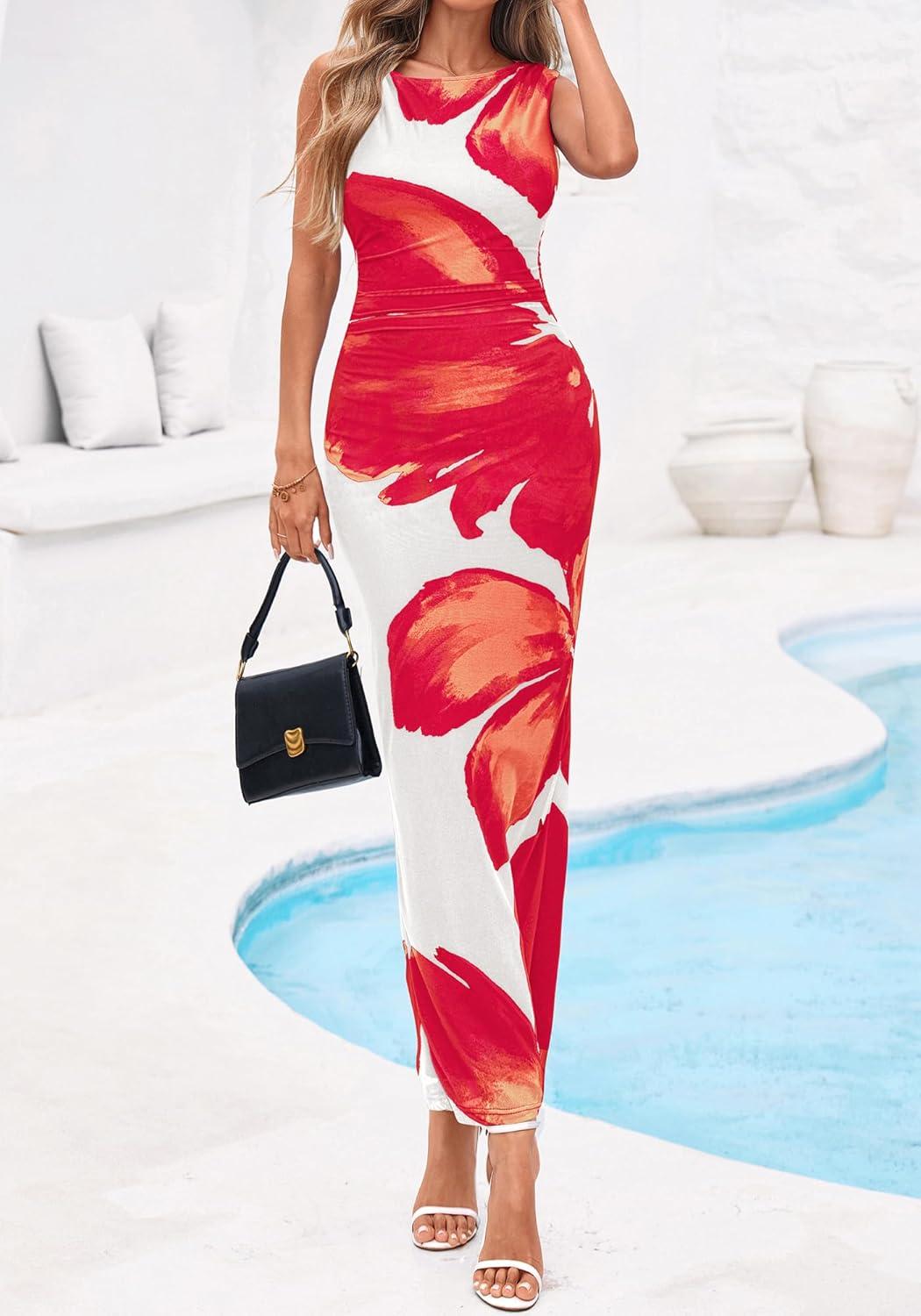 imageBTFBM Women Floral Cocktail Wedding Guest Dress Summer Spring 2026 Twist Strap Bodycon Mesh Beach Vacation Maxi DressesFloral White Red