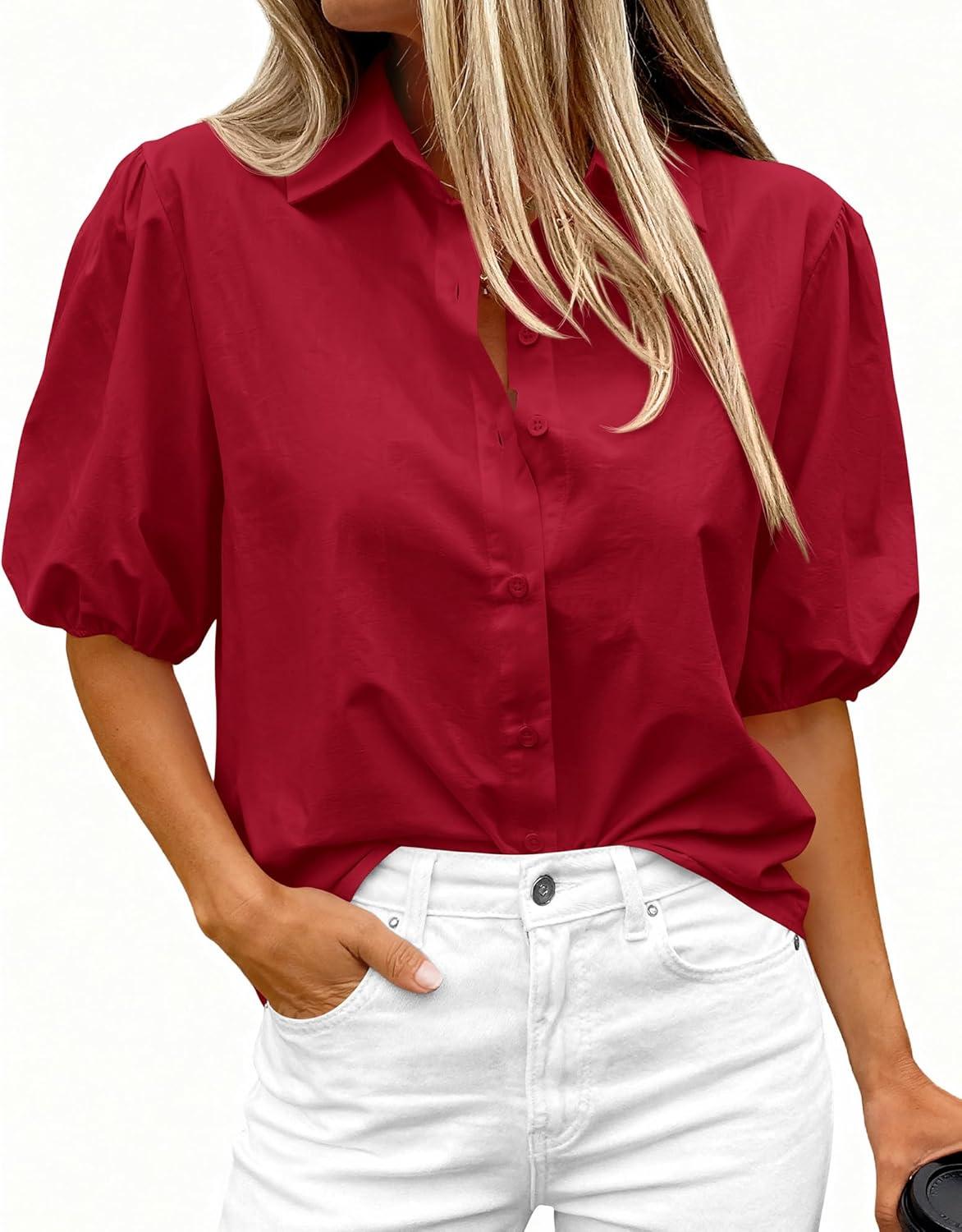 imageBTFBM Womens Button Down Shirts Short Puff Sleeve Collared V Neck 2026 Summer Tops Dressy Casual Work Business BlousesRed