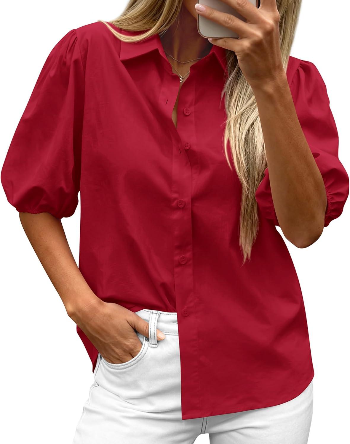 imageBTFBM Womens Button Down Shirts Short Puff Sleeve Collared V Neck 2026 Summer Tops Dressy Casual Work Business BlousesRed