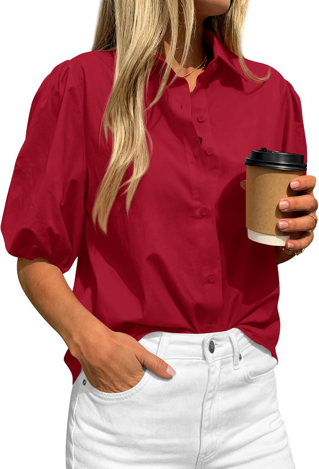 imageBTFBM Womens Button Down Shirts Short Puff Sleeve Collared V Neck 2026 Summer Tops Dressy Casual Work Business BlousesRed