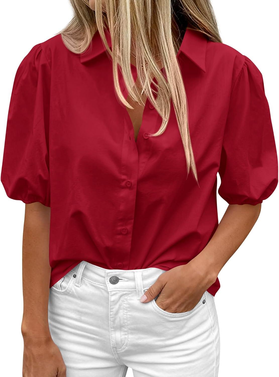 imageBTFBM Womens Button Down Shirts Short Puff Sleeve Collared V Neck 2026 Summer Tops Dressy Casual Work Business BlousesRed