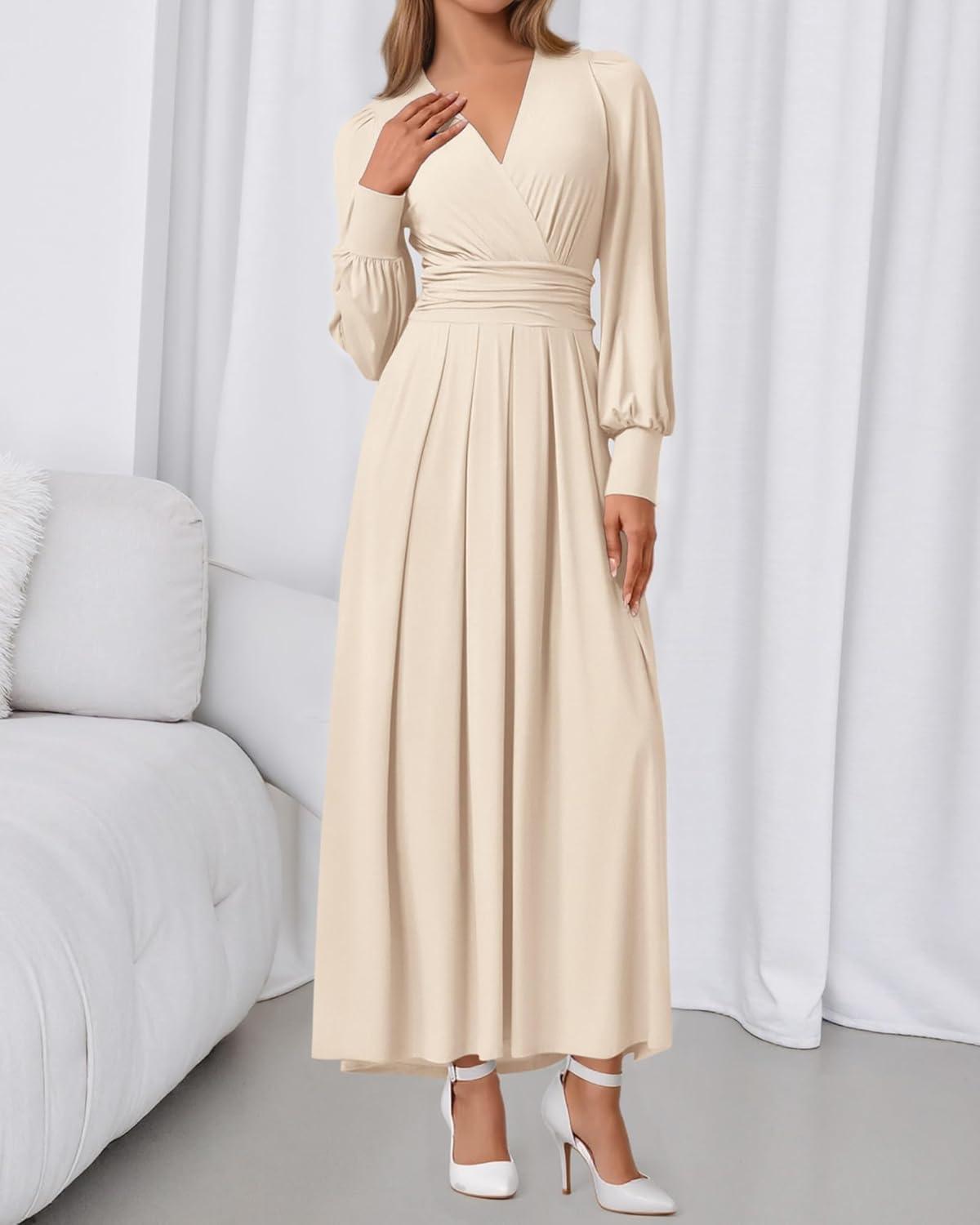 imageBTFBM Womens Long Sleeve Maxi Dress Fall 2025 Casual V Neck Knit A Line Flowy Pockets Elegant Party Wedding Guest DressesBeige