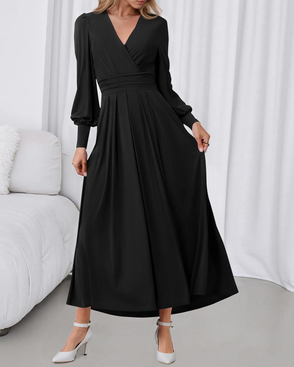 imageBTFBM Womens Long Sleeve Maxi Dress Fall 2025 Casual V Neck Knit A Line Flowy Pockets Elegant Party Wedding Guest DressesBlack