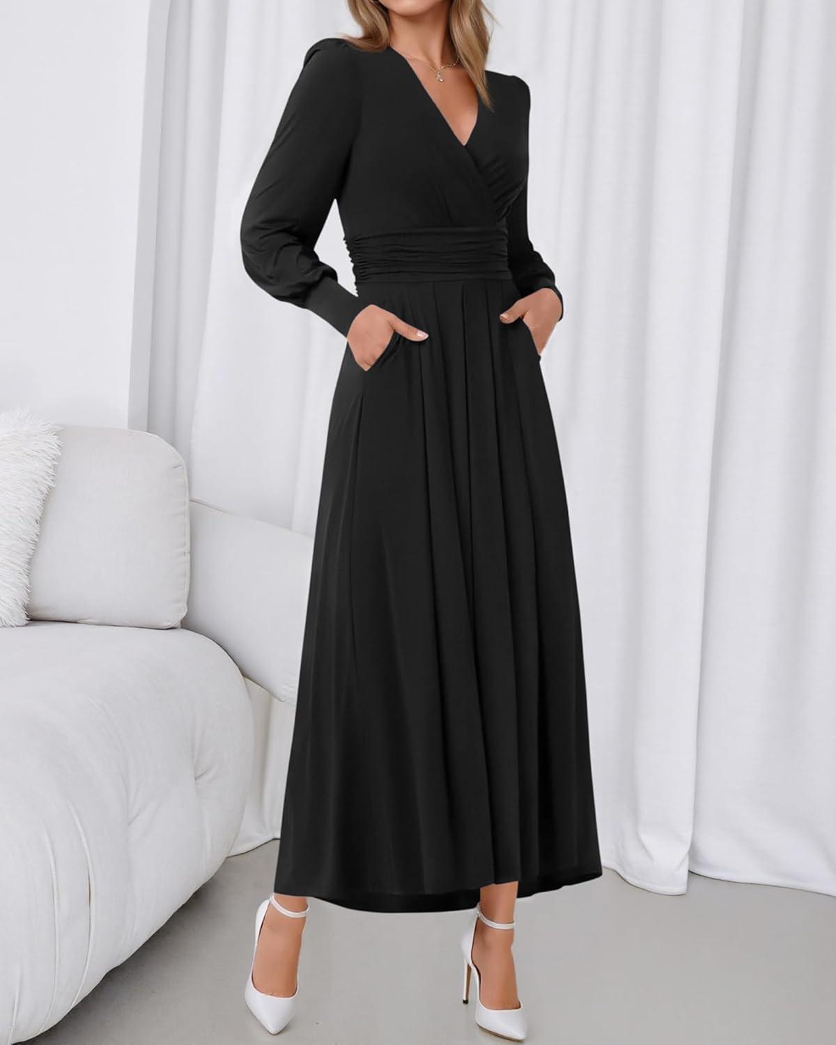 imageBTFBM Womens Long Sleeve Maxi Dress Fall 2025 Casual V Neck Knit A Line Flowy Pockets Elegant Party Wedding Guest DressesBlack