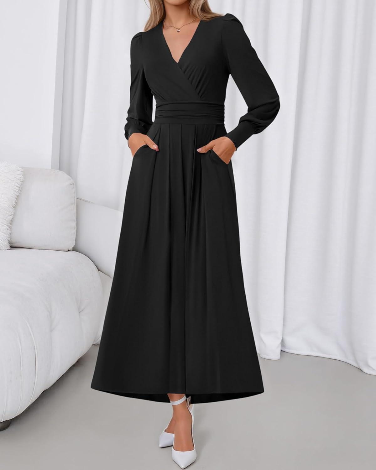 imageBTFBM Womens Long Sleeve Maxi Dress Fall 2025 Casual V Neck Knit A Line Flowy Pockets Elegant Party Wedding Guest DressesBlack