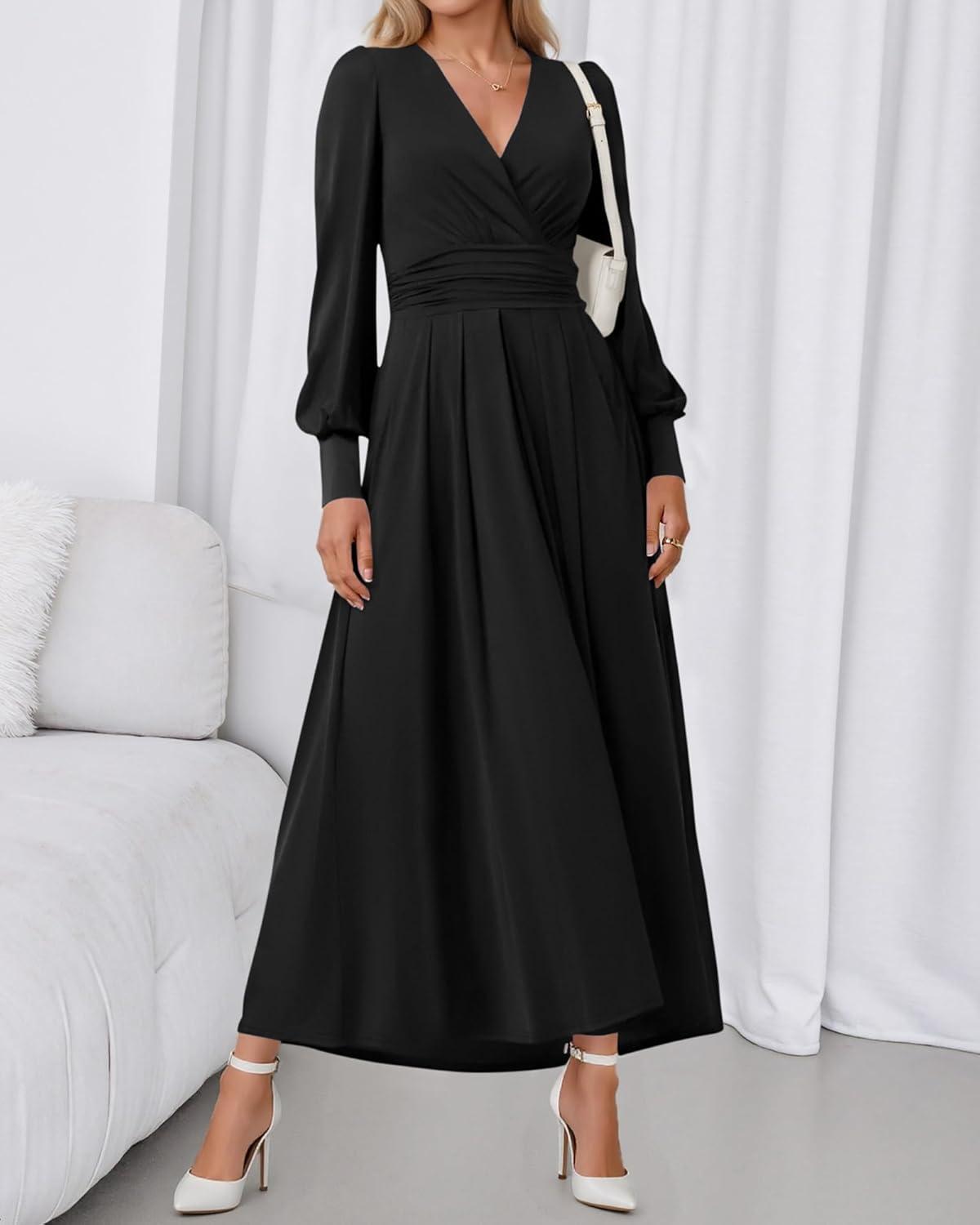 imageBTFBM Womens Long Sleeve Maxi Dress Fall 2025 Casual V Neck Knit A Line Flowy Pockets Elegant Party Wedding Guest DressesBlack