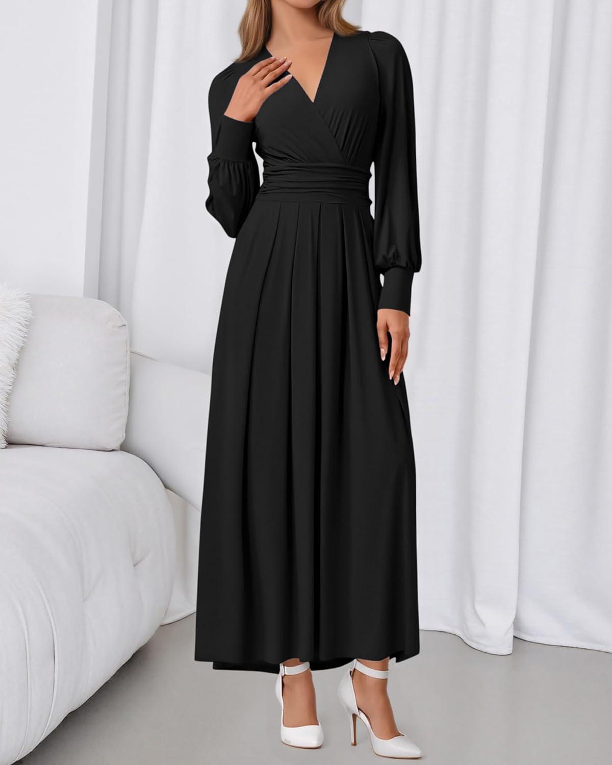 imageBTFBM Womens Long Sleeve Maxi Dress Fall 2025 Casual V Neck Knit A Line Flowy Pockets Elegant Party Wedding Guest DressesBlack