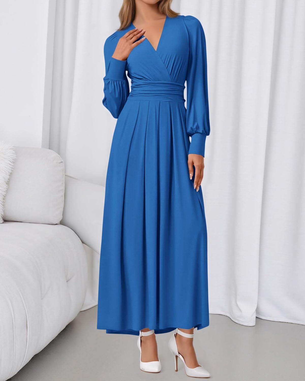 imageBTFBM Womens Long Sleeve Maxi Dress Fall 2025 Casual V Neck Knit A Line Flowy Pockets Elegant Party Wedding Guest DressesBlue