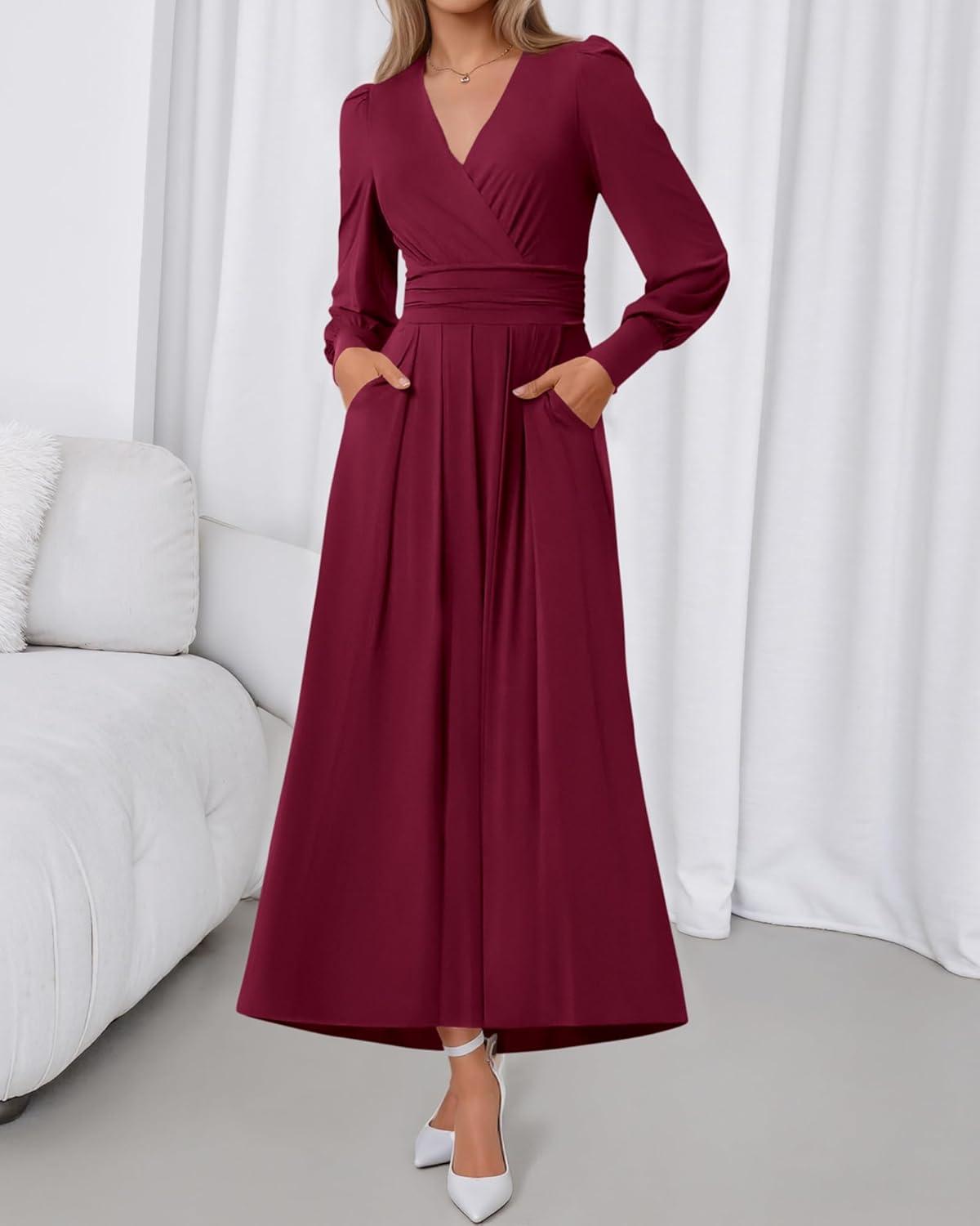 imageBTFBM Womens Long Sleeve Maxi Dress Fall 2025 Casual V Neck Knit A Line Flowy Pockets Elegant Party Wedding Guest DressesBurgundy