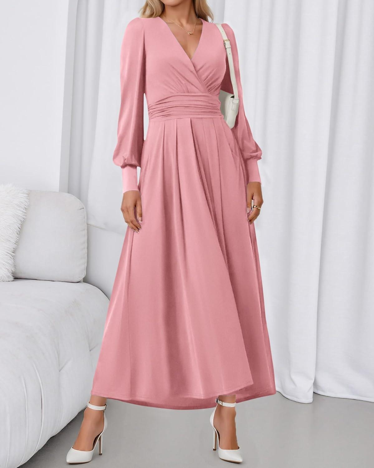 imageBTFBM Womens Long Sleeve Maxi Dress Fall 2025 Casual V Neck Knit A Line Flowy Pockets Elegant Party Wedding Guest DressesPink