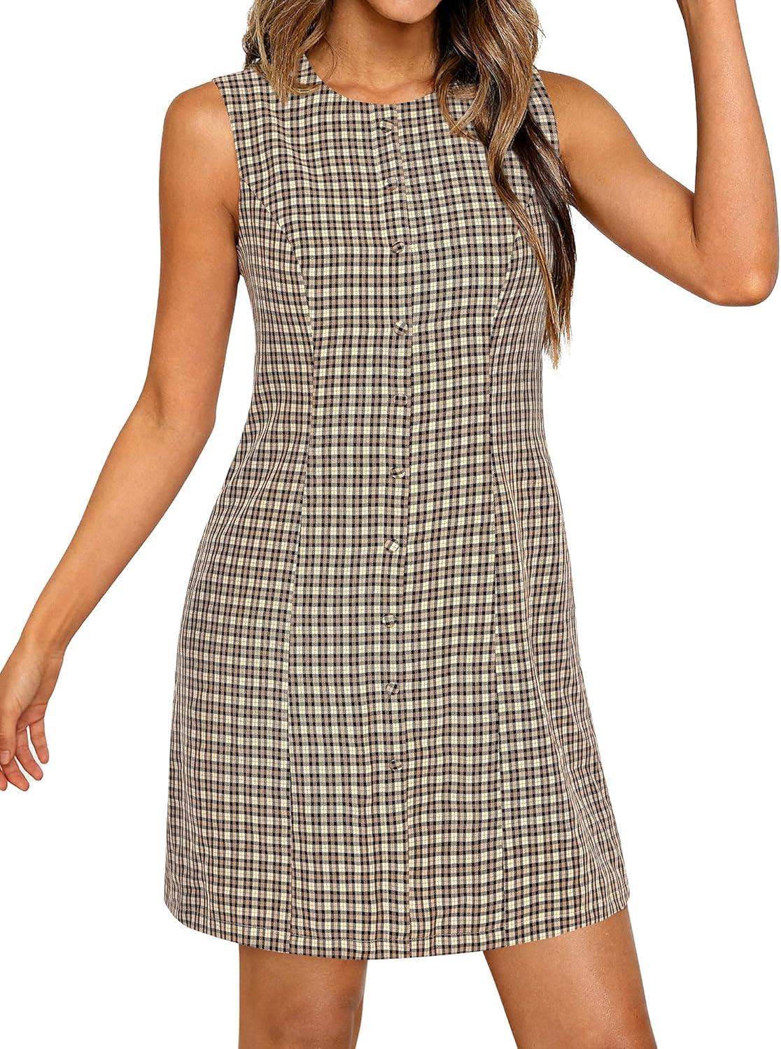 imageBTFBM Womens Summer Dress 2026 Spring Plaid Crew Neck Sleeveless Button Bodycon Mini Vintage Business Casual DressesApricot