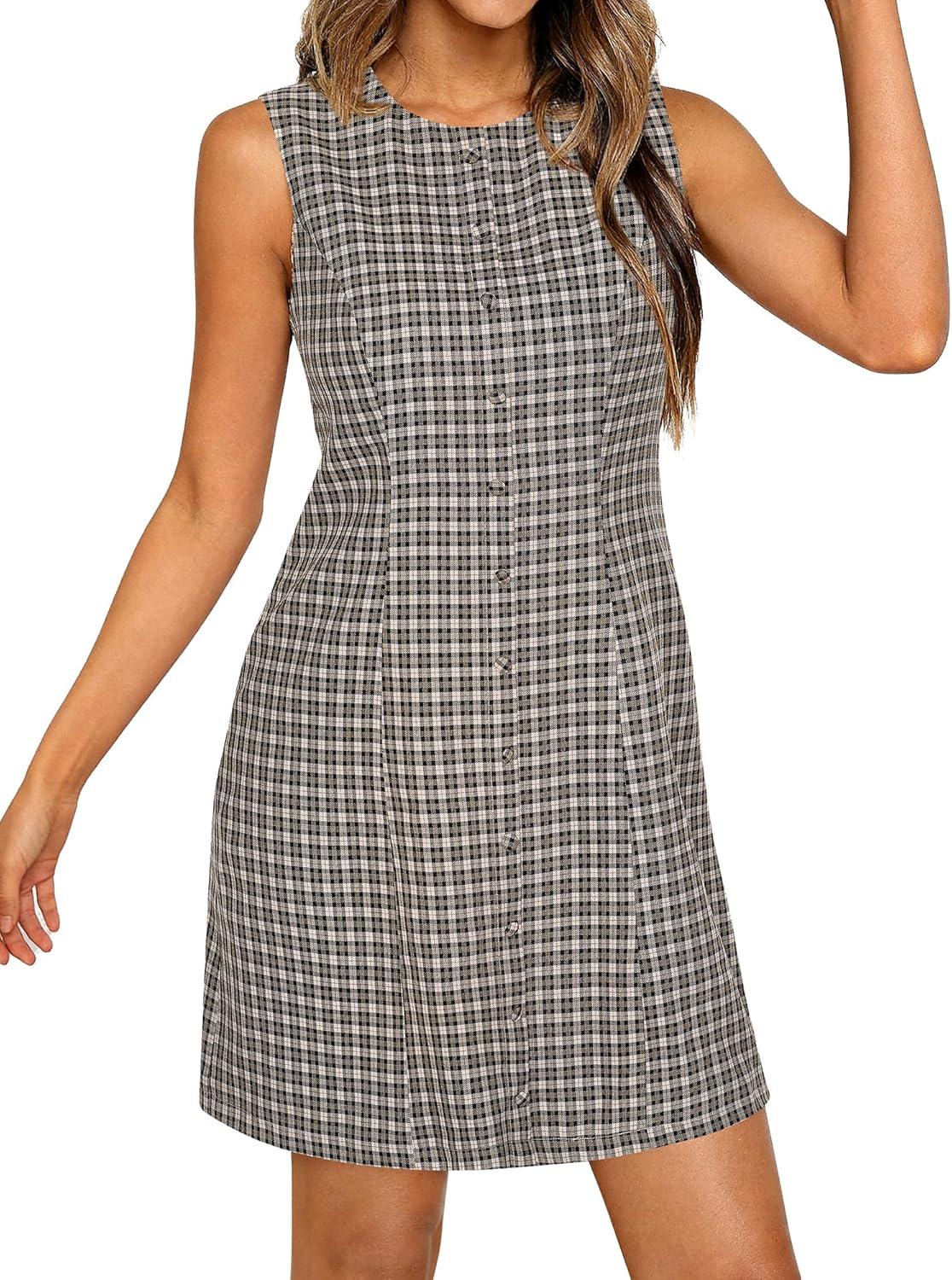 imageBTFBM Womens Summer Dress 2026 Spring Plaid Crew Neck Sleeveless Button Bodycon Mini Vintage Business Casual DressesBlack Grey