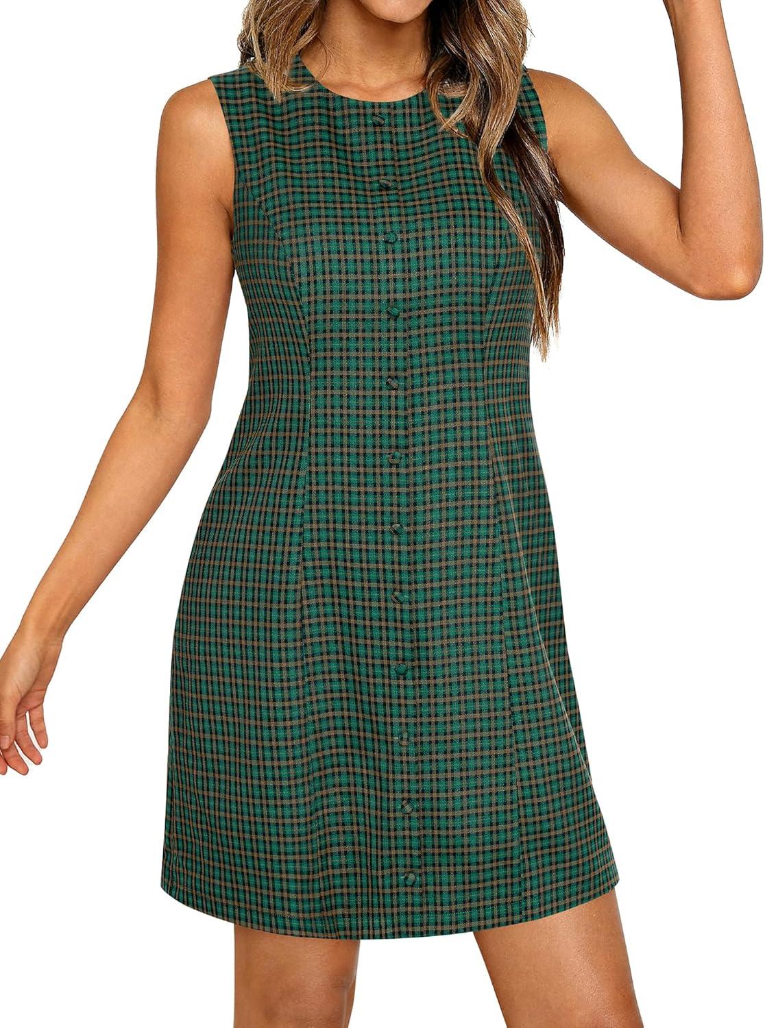 imageBTFBM Womens Summer Dress 2026 Spring Plaid Crew Neck Sleeveless Button Bodycon Mini Vintage Business Casual DressesGreen