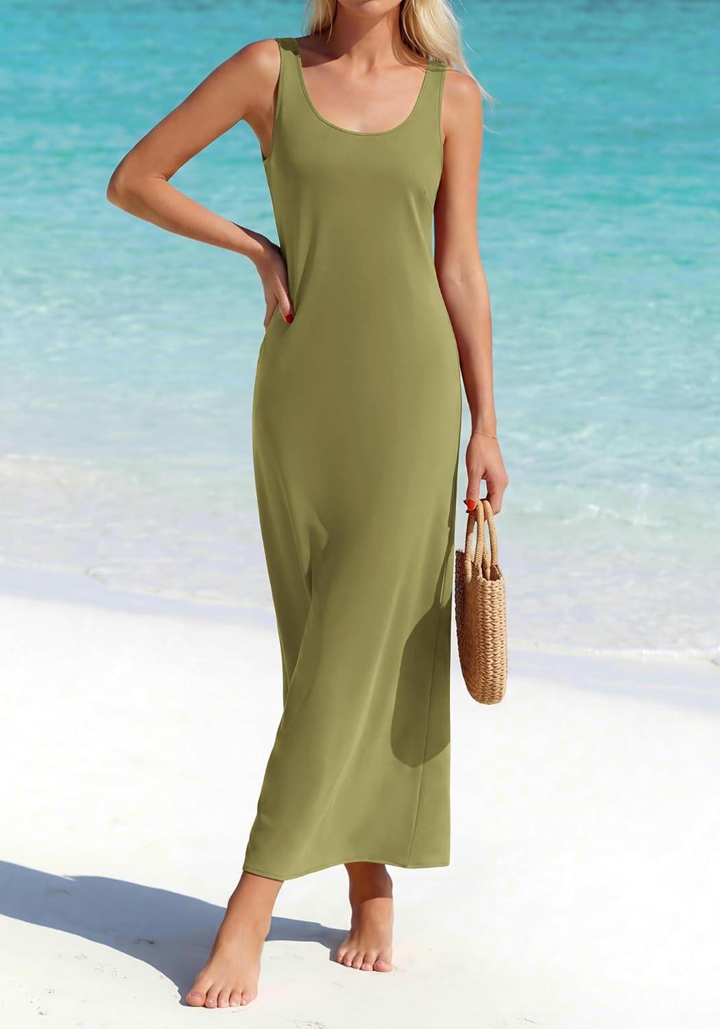 imageBTFBM Womens Summer Tank Dress 2026 Sleeveless Scoop Neck Boho Sundress Satin Loose Flowy Party Beach DressesArmy Green