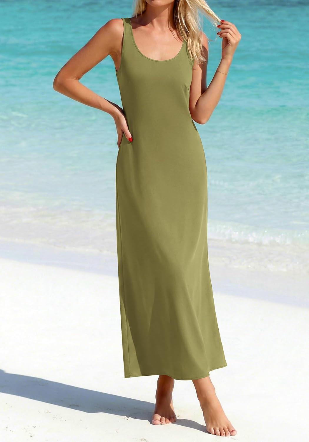 imageBTFBM Womens Summer Tank Dress 2026 Sleeveless Scoop Neck Boho Sundress Satin Loose Flowy Party Beach DressesArmy Green