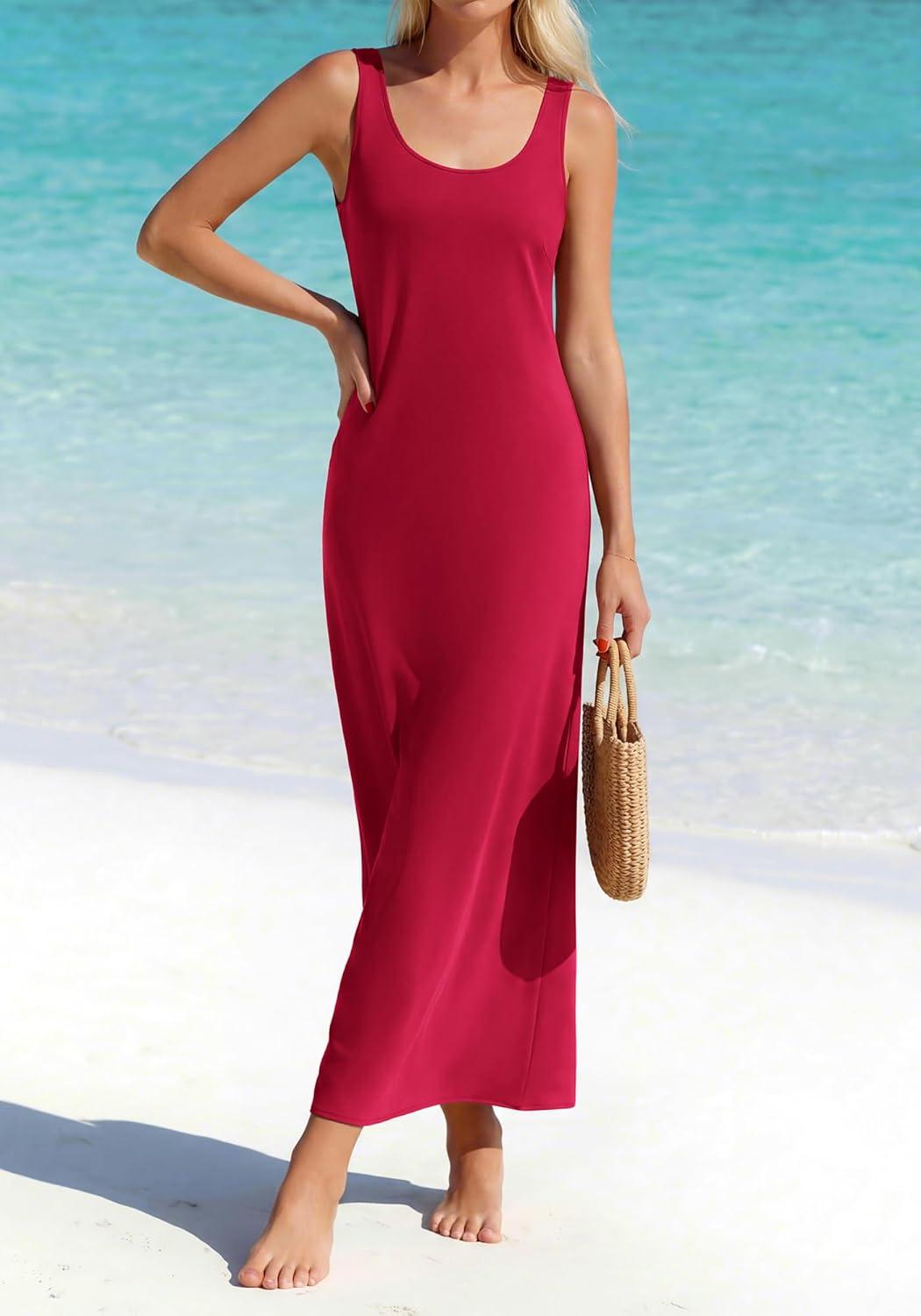 imageBTFBM Womens Summer Tank Dress 2026 Sleeveless Scoop Neck Boho Sundress Satin Loose Flowy Party Beach DressesRed