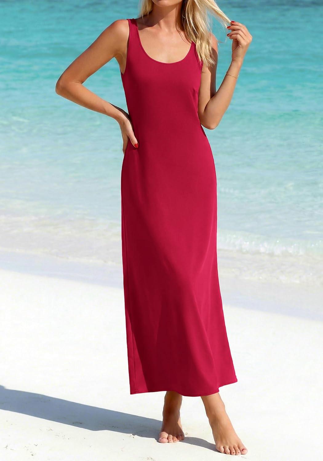 imageBTFBM Womens Summer Tank Dress 2026 Sleeveless Scoop Neck Boho Sundress Satin Loose Flowy Party Beach DressesRed