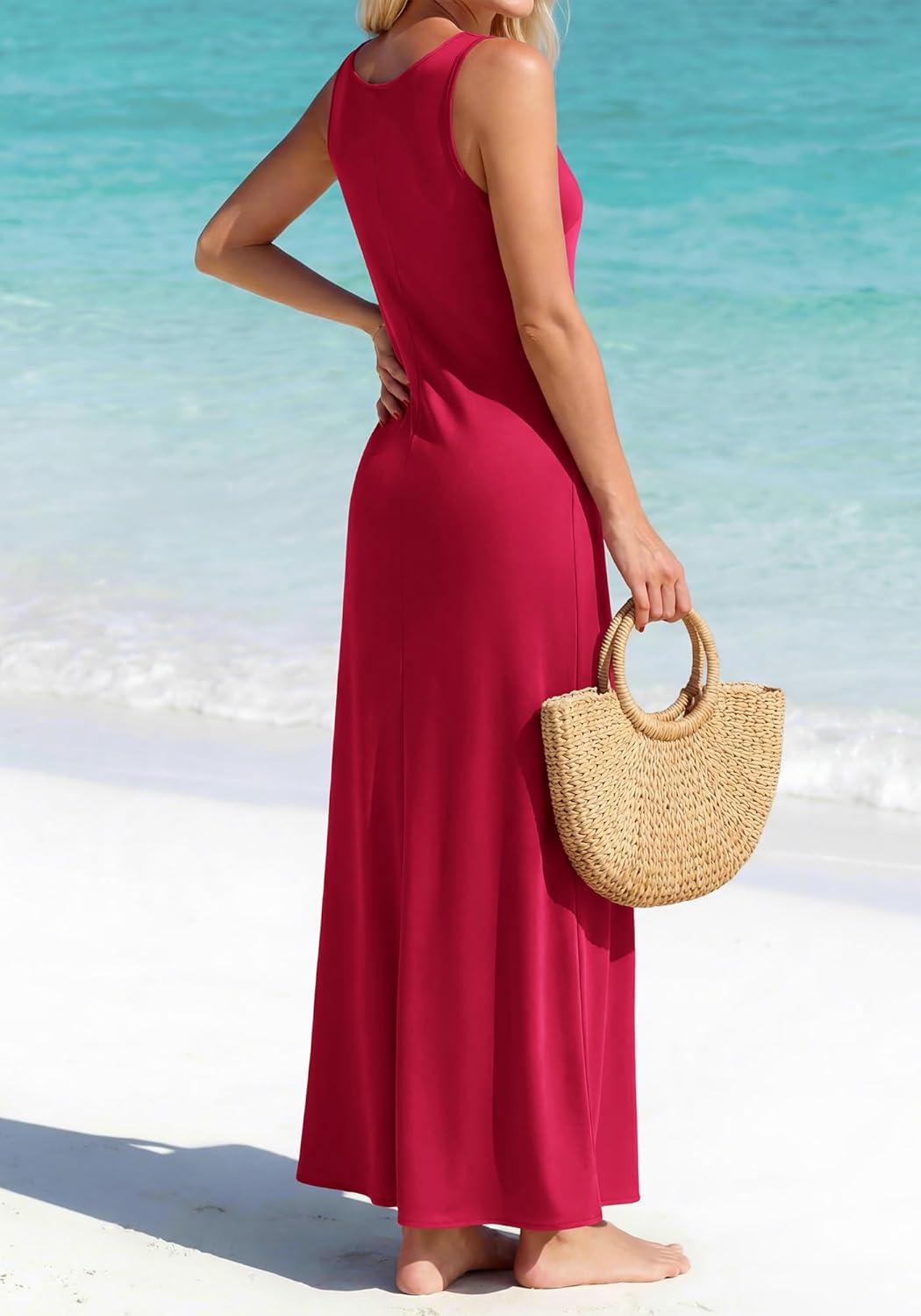 imageBTFBM Womens Summer Tank Dress 2026 Sleeveless Scoop Neck Boho Sundress Satin Loose Flowy Party Beach DressesRed