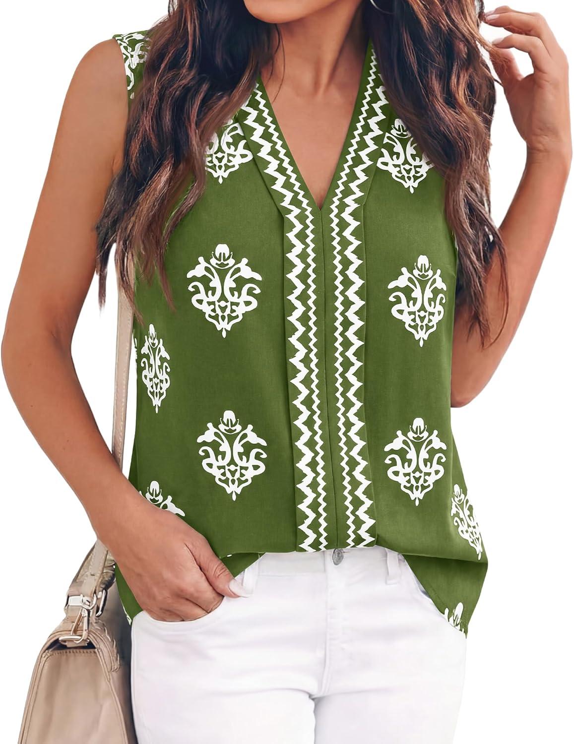 imageBTFBM Womens Tank Tops Floral Printed V Neck Sleeveless Spring 2026 Business Work Dressy Casual Shirts Chiffon BlousesArmy Green