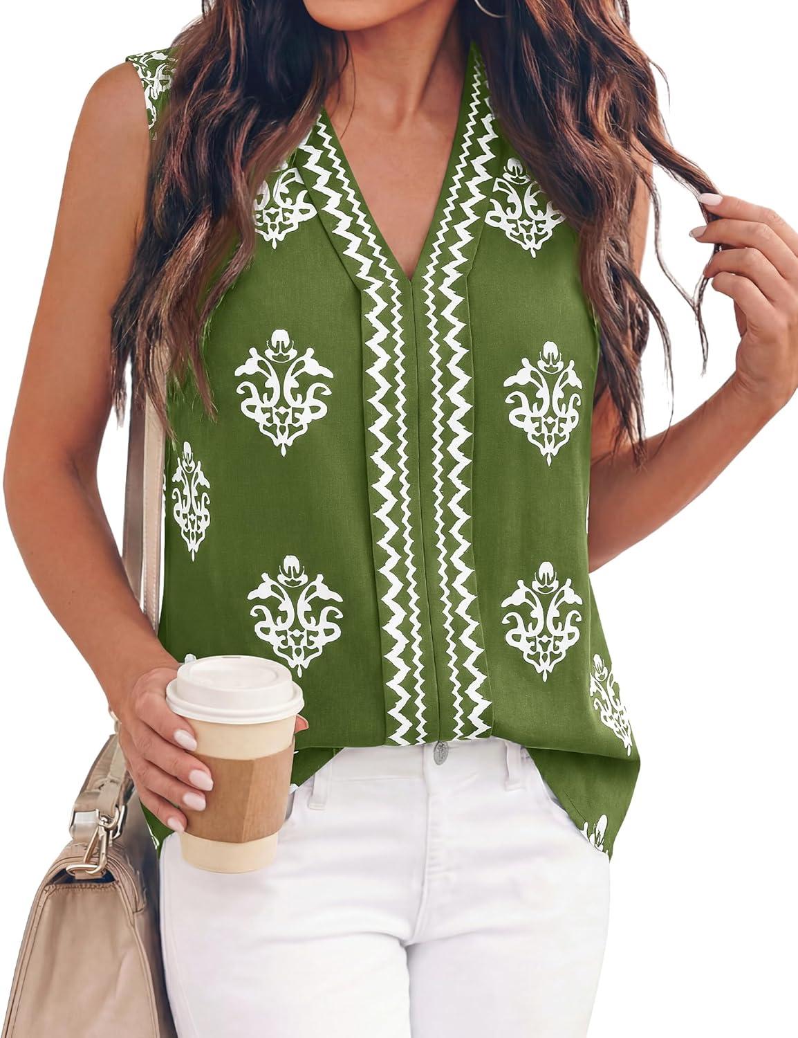 imageBTFBM Womens Tank Tops Floral Printed V Neck Sleeveless Spring 2026 Business Work Dressy Casual Shirts Chiffon BlousesArmy Green