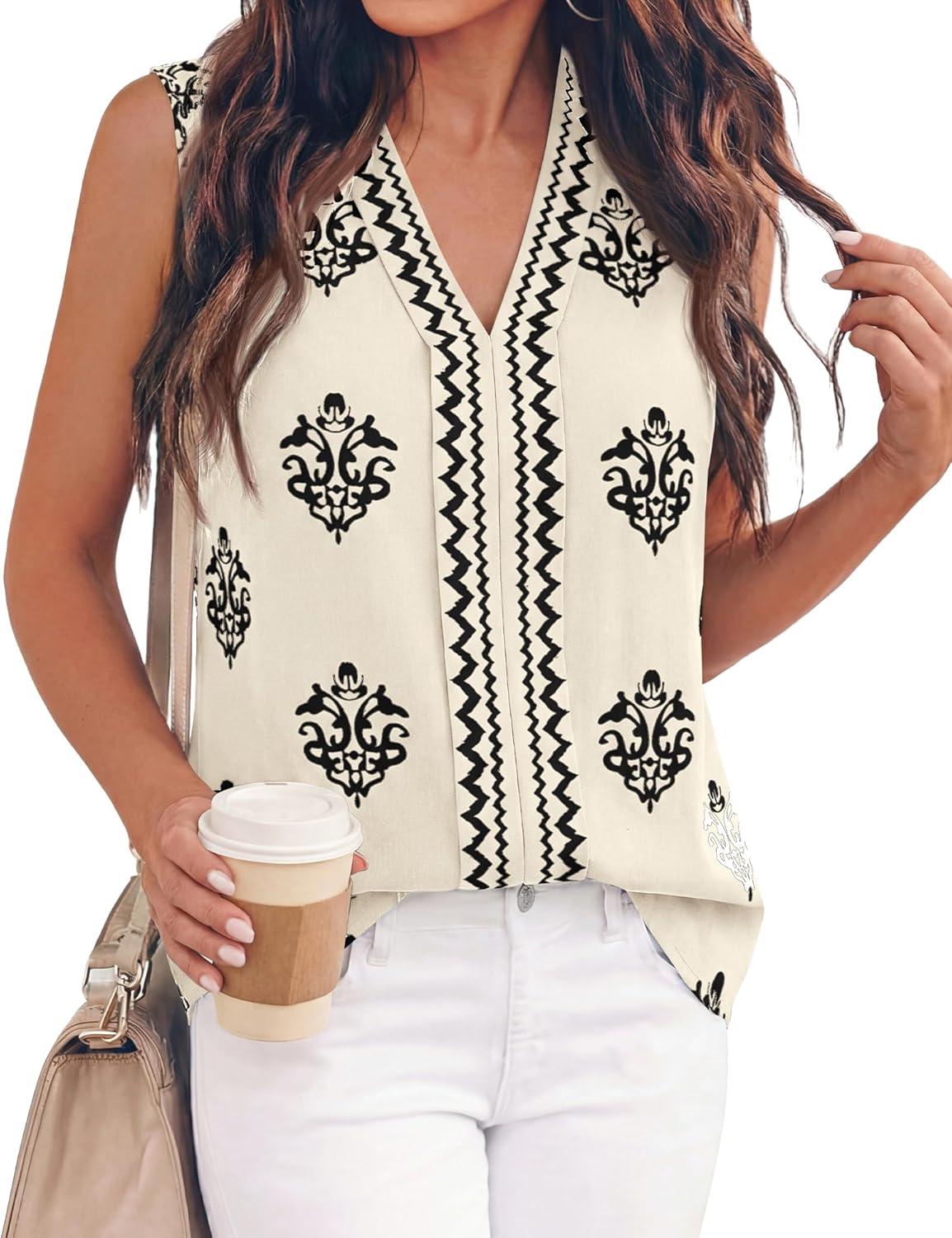 imageBTFBM Womens Tank Tops Floral Printed V Neck Sleeveless Spring 2026 Business Work Dressy Casual Shirts Chiffon BlousesBeige