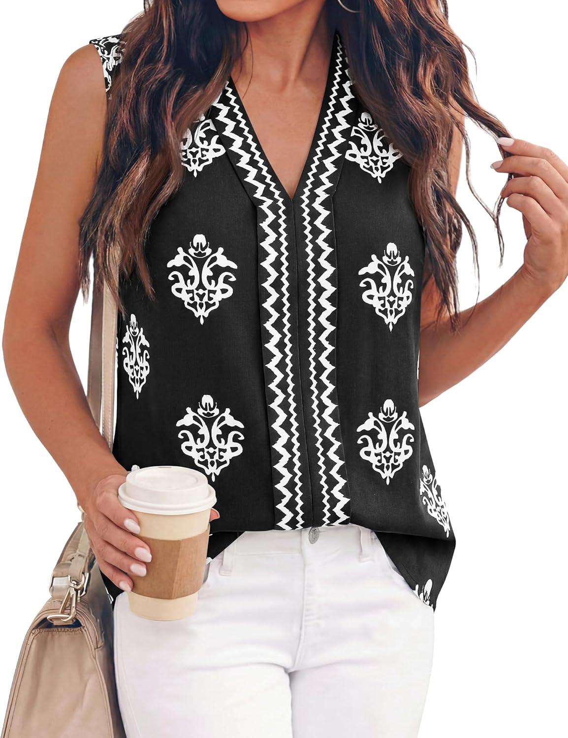 imageBTFBM Womens Tank Tops Floral Printed V Neck Sleeveless Spring 2026 Business Work Dressy Casual Shirts Chiffon BlousesBlack