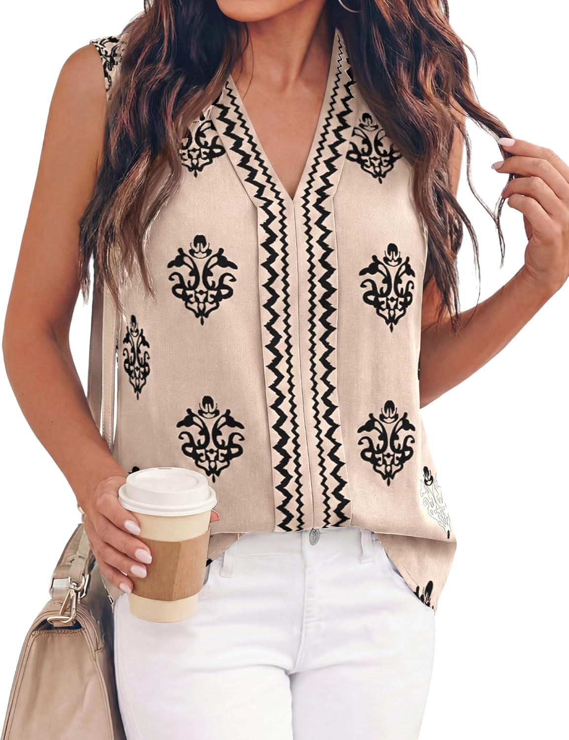 imageBTFBM Womens Tank Tops Floral Printed V Neck Sleeveless Spring 2026 Business Work Dressy Casual Shirts Chiffon BlousesKhaki