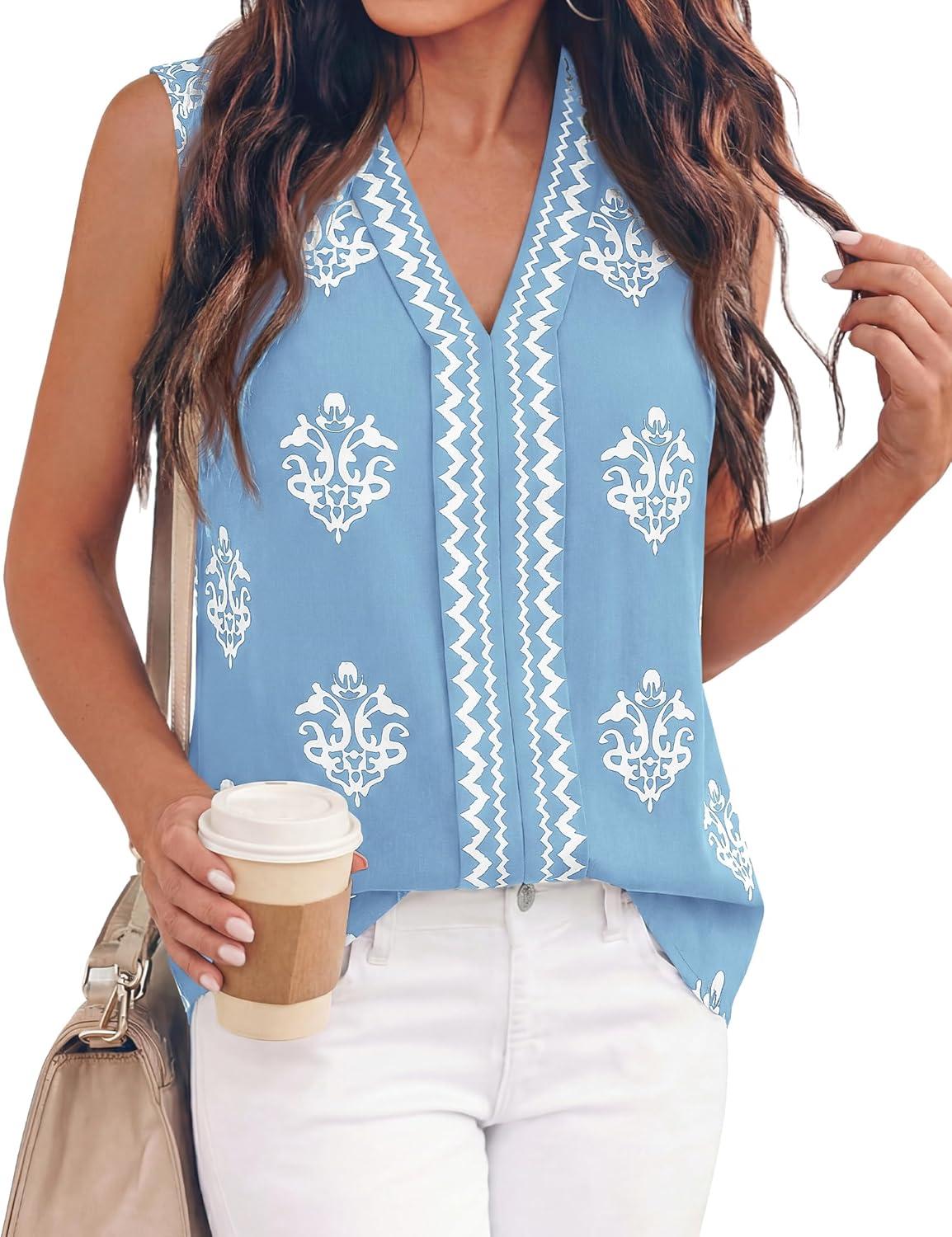 imageBTFBM Womens Tank Tops Floral Printed V Neck Sleeveless Spring 2026 Business Work Dressy Casual Shirts Chiffon BlousesLight Blue