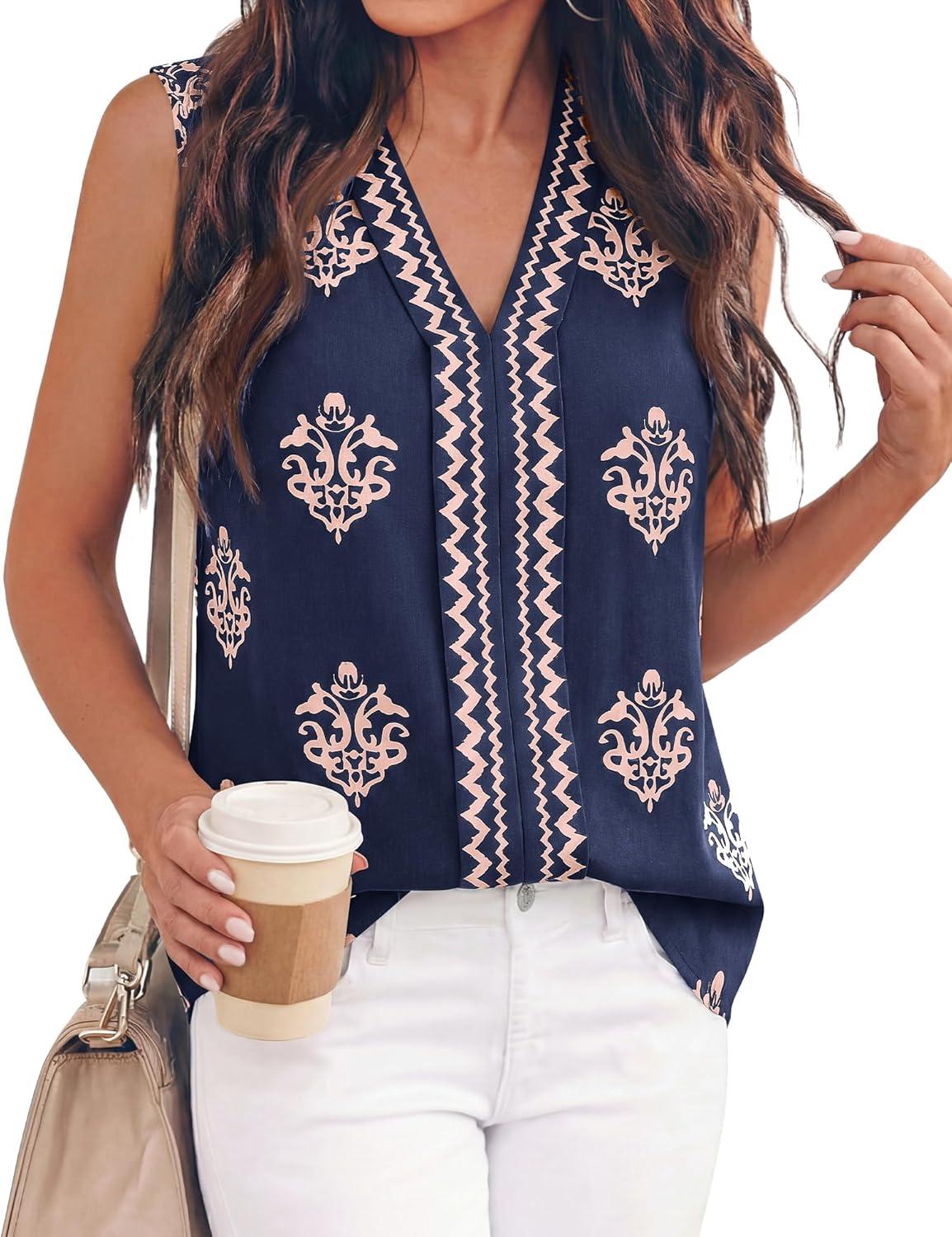 imageBTFBM Womens Tank Tops Floral Printed V Neck Sleeveless Spring 2026 Business Work Dressy Casual Shirts Chiffon BlousesNavy Blue