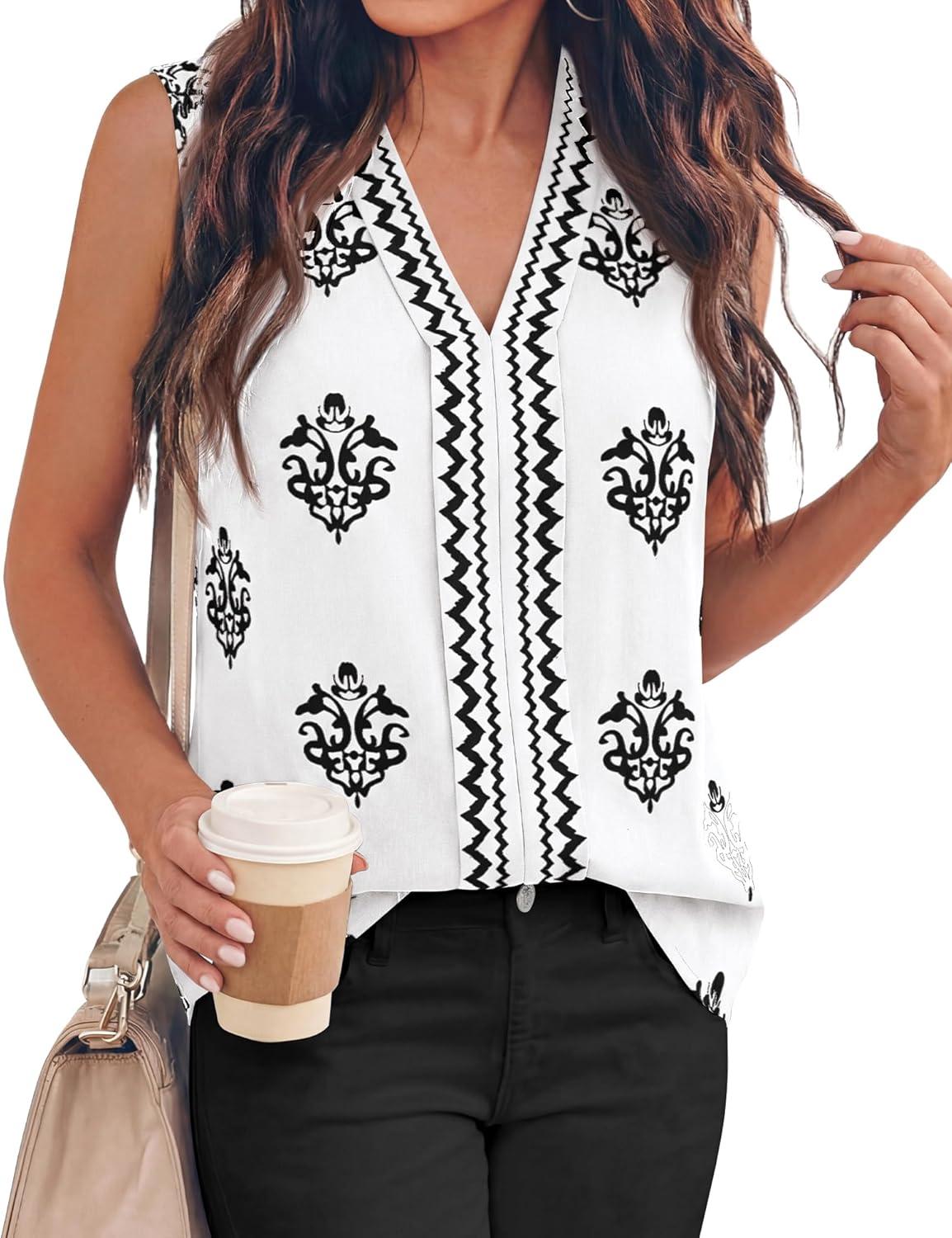 imageBTFBM Womens Tank Tops Floral Printed V Neck Sleeveless Spring 2026 Business Work Dressy Casual Shirts Chiffon BlousesWhite