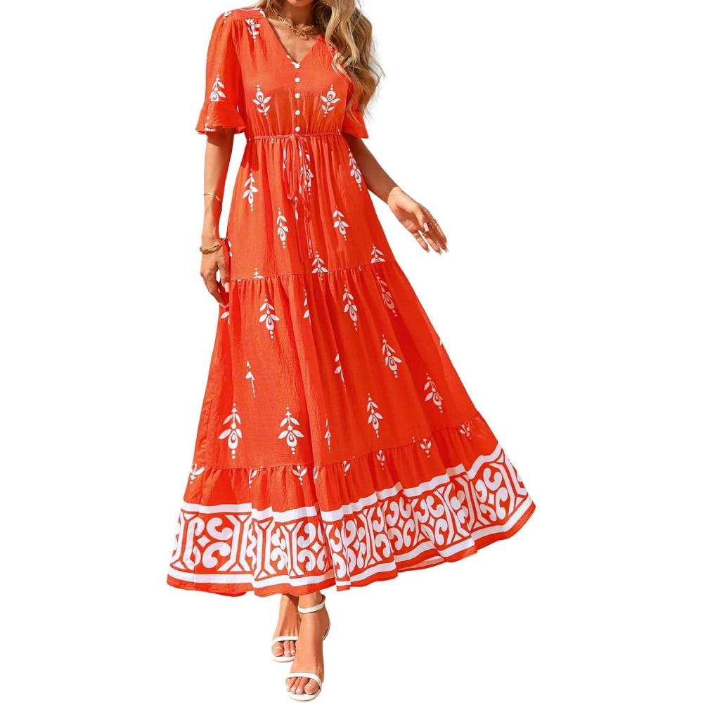 imageBTFBM Boho Dresses for Women 2026 Summer Spring Casual Floral Short Sleeve V Neck Flowy ALine Maxi Party Dress PocketsFloral Orange Red Apricot