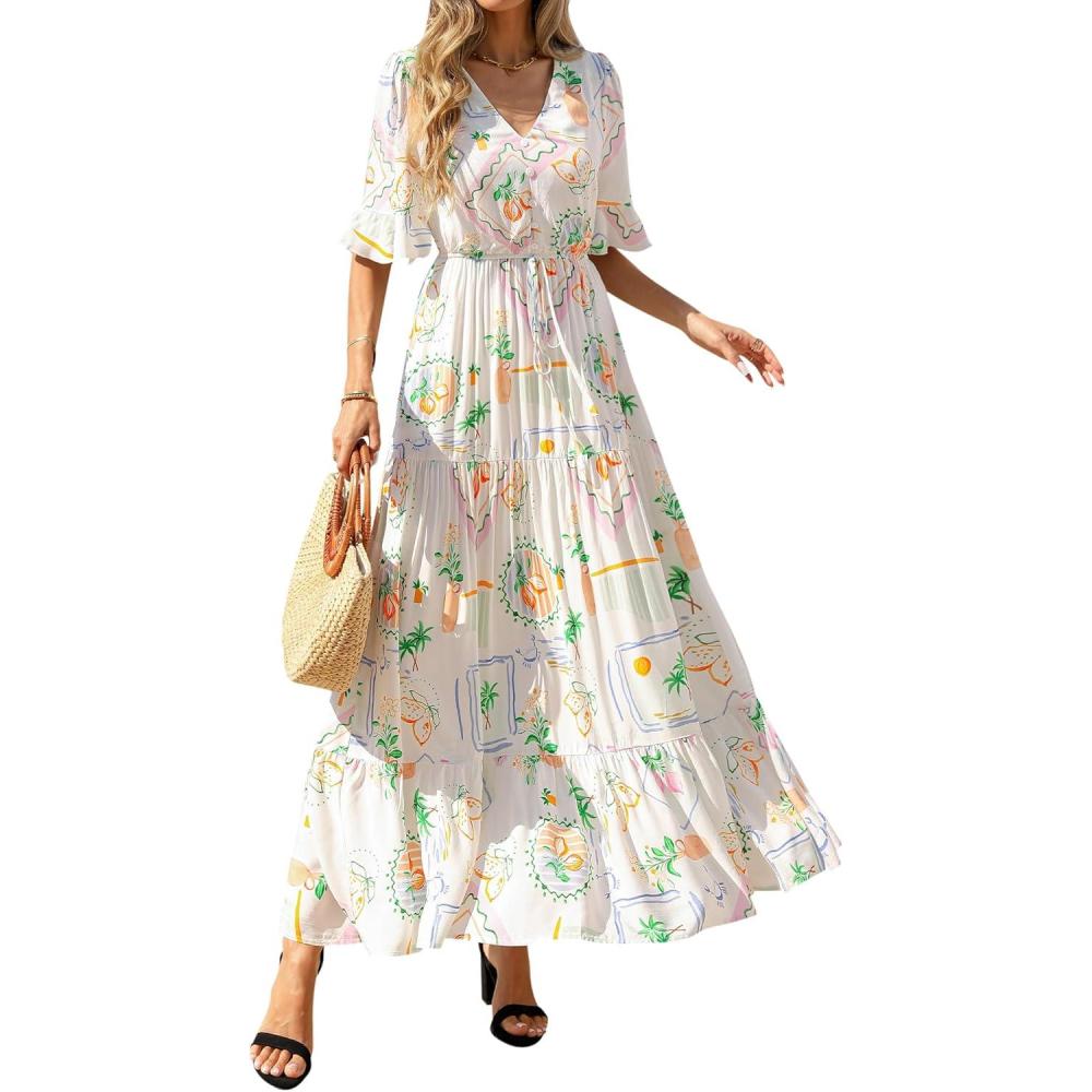 imageBTFBM Boho Dresses for Women 2026 Summer Spring Casual Floral Short Sleeve V Neck Flowy ALine Maxi Party Dress PocketsFloral White Multi