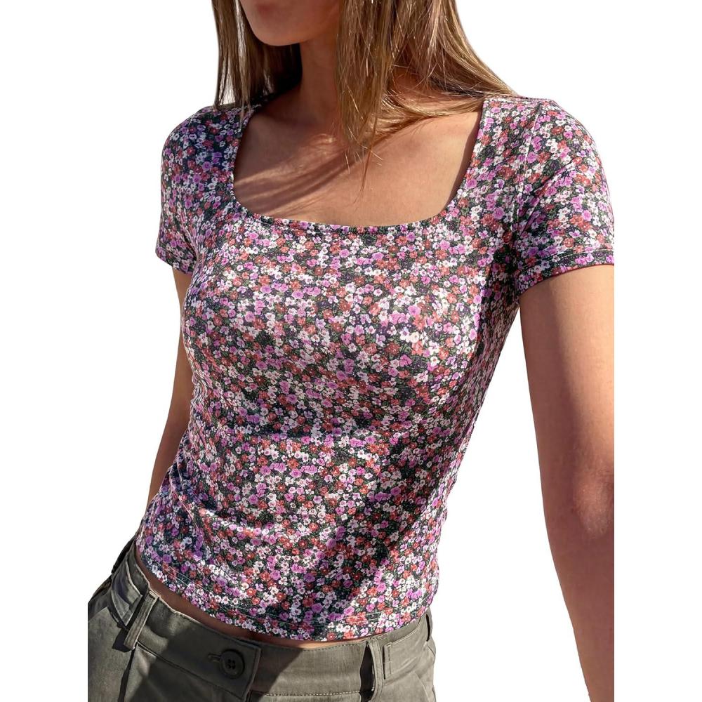 imageBTFBM Floral Square Neck Tops for Women 2026 Trendy Summer Outfits Short Sleeve Shirts Boho Top Beach Vacation ClothesBlack Purple Pink Flower
