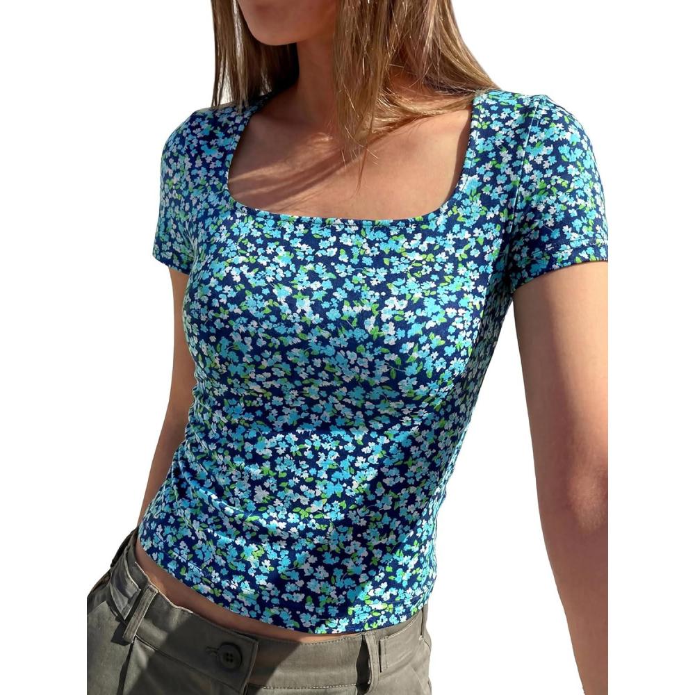 imageBTFBM Floral Square Neck Tops for Women 2026 Trendy Summer Outfits Short Sleeve Shirts Boho Top Beach Vacation ClothesDark Blue Blue Flower