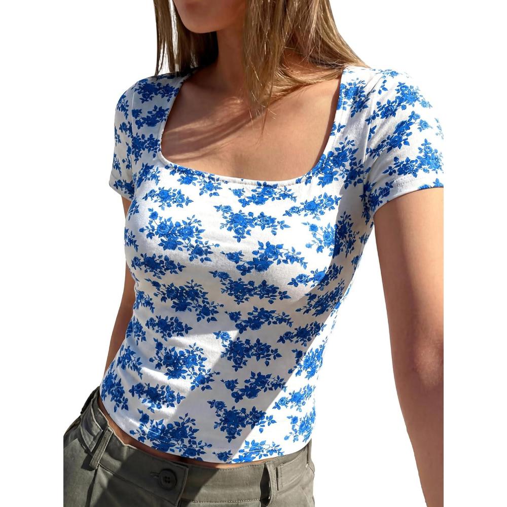imageBTFBM Floral Square Neck Tops for Women 2026 Trendy Summer Outfits Short Sleeve Shirts Boho Top Beach Vacation ClothesWhite Blue Flower