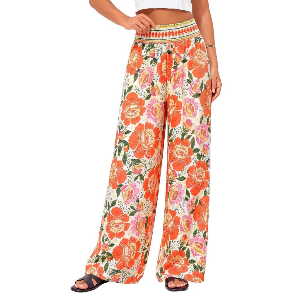 imageBTFBM Floral Wide Leg Pants Woman Spring Summer 2026 Smocked Elastic Waist Long Pant Resort Wear Beach Vacation OutfitsBeige