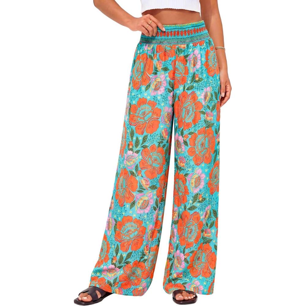 imageBTFBM Floral Wide Leg Pants Woman Spring Summer 2026 Smocked Elastic Waist Long Pant Resort Wear Beach Vacation OutfitsGreen