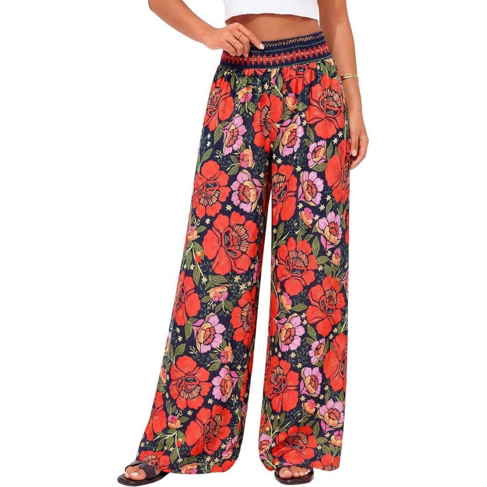imageBTFBM Floral Wide Leg Pants Woman Spring Summer 2026 Smocked Elastic Waist Long Pant Resort Wear Beach Vacation OutfitsNavy Blue