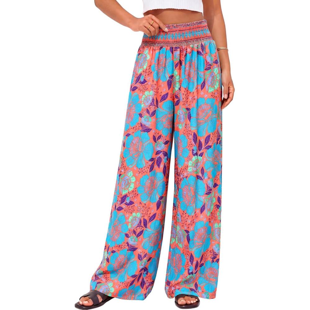 imageBTFBM Floral Wide Leg Pants Woman Spring Summer 2026 Smocked Elastic Waist Long Pant Resort Wear Beach Vacation OutfitsOrange