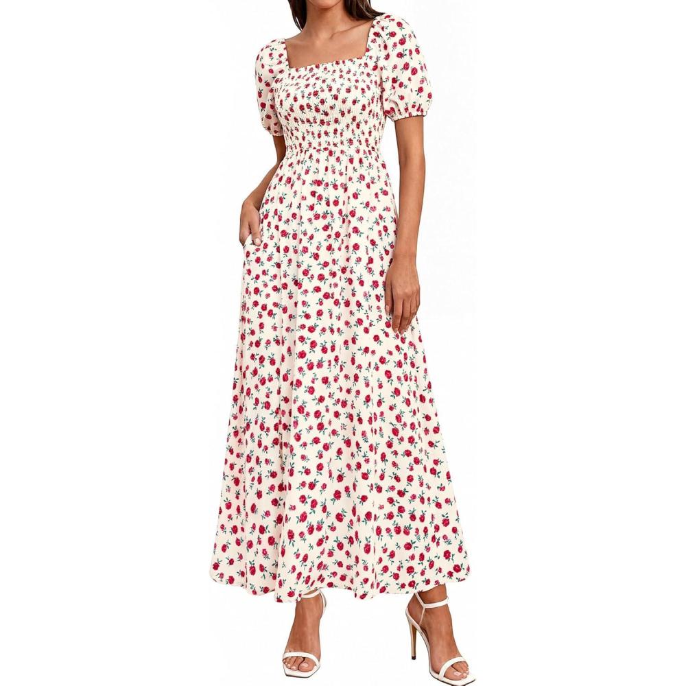 imageBTFBM Spring Summer Dresses for Women 2026 Puff Short Sleeve Smocked Floral Print Boho Beach Wedding Guest Maxi DressFloral Apricot Rose Red
