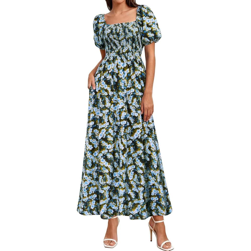imageBTFBM Spring Summer Dresses for Women 2026 Puff Short Sleeve Smocked Floral Print Boho Beach Wedding Guest Maxi DressFloral Blue Yellow