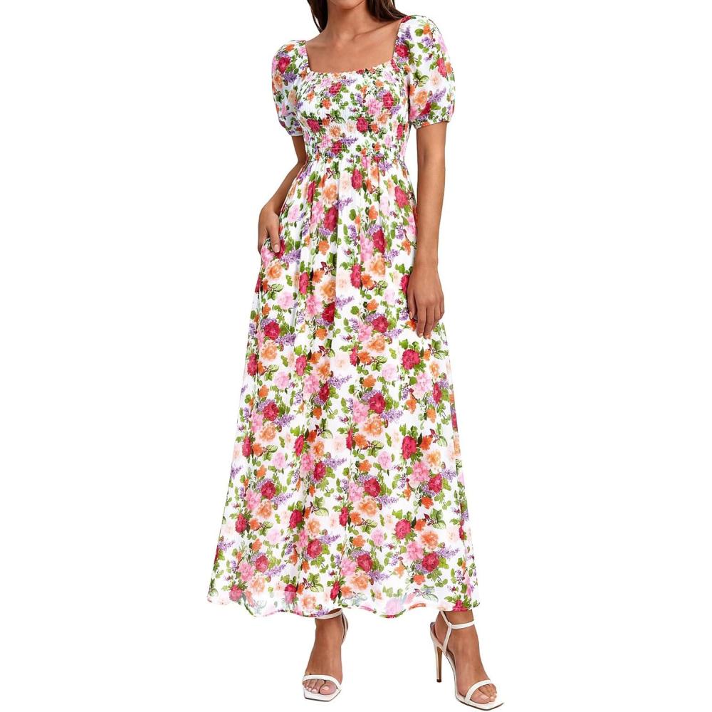 imageBTFBM Spring Summer Dresses for Women 2026 Puff Short Sleeve Smocked Floral Print Boho Beach Wedding Guest Maxi DressFloral White Multi